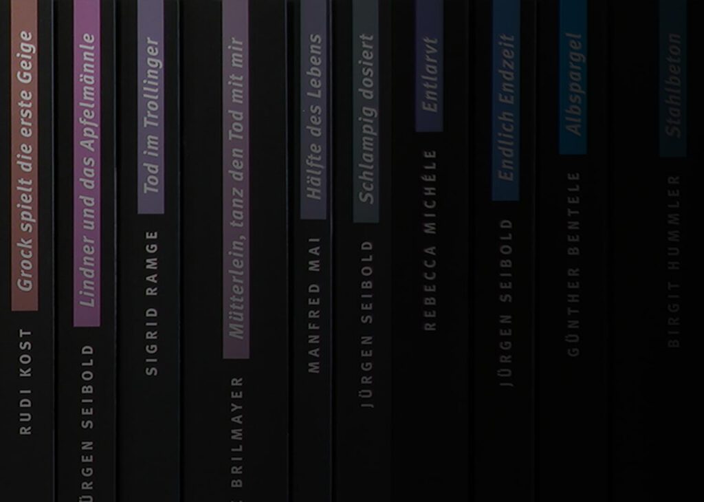 Buchrücken einer Krimireihe des Silberburgverlags – rechts